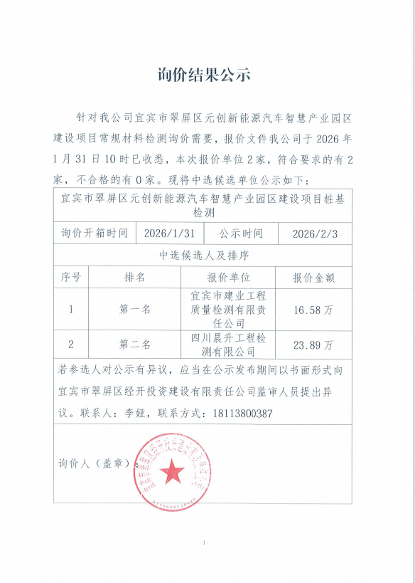 詢價結(jié)果公示