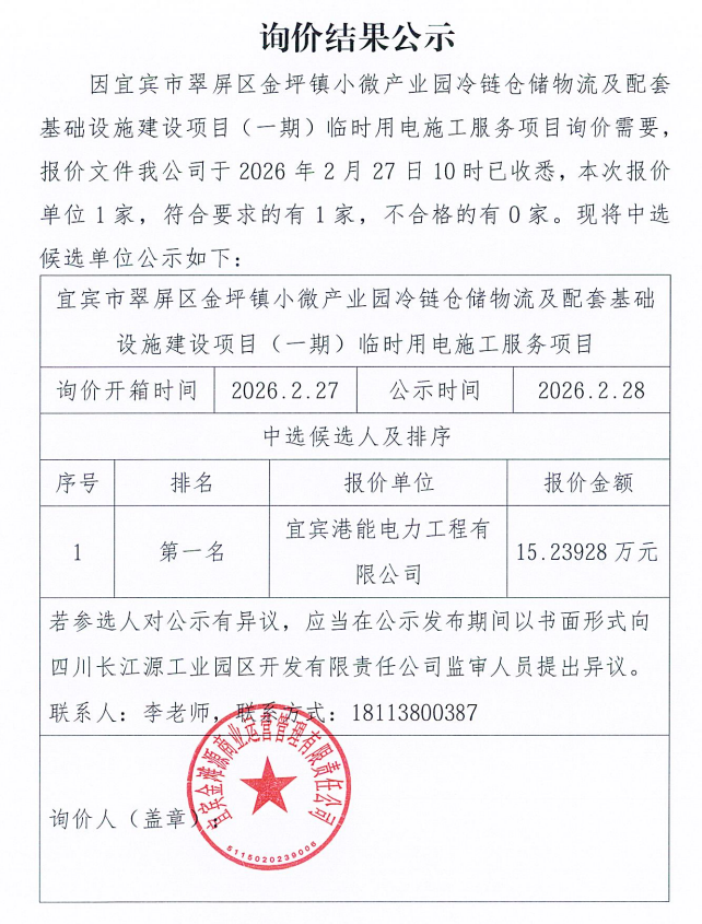 詢價(jià)結(jié)果公示